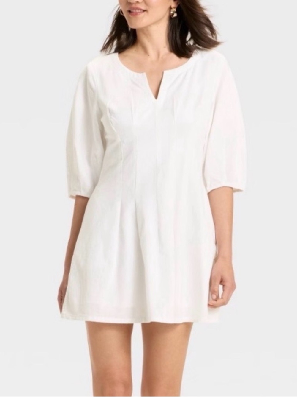 A new day A-Line white 3/4 sleeve cotton/linen mini White V-Neck Shift Dress